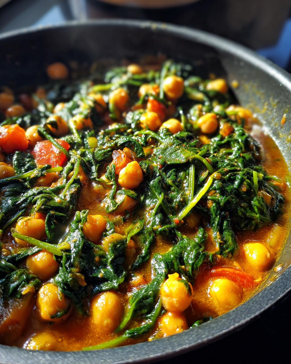 Close-up of a pan filled with Chickpea & Spinach Stew, showing chickpeas, spinach, and tomatoes.