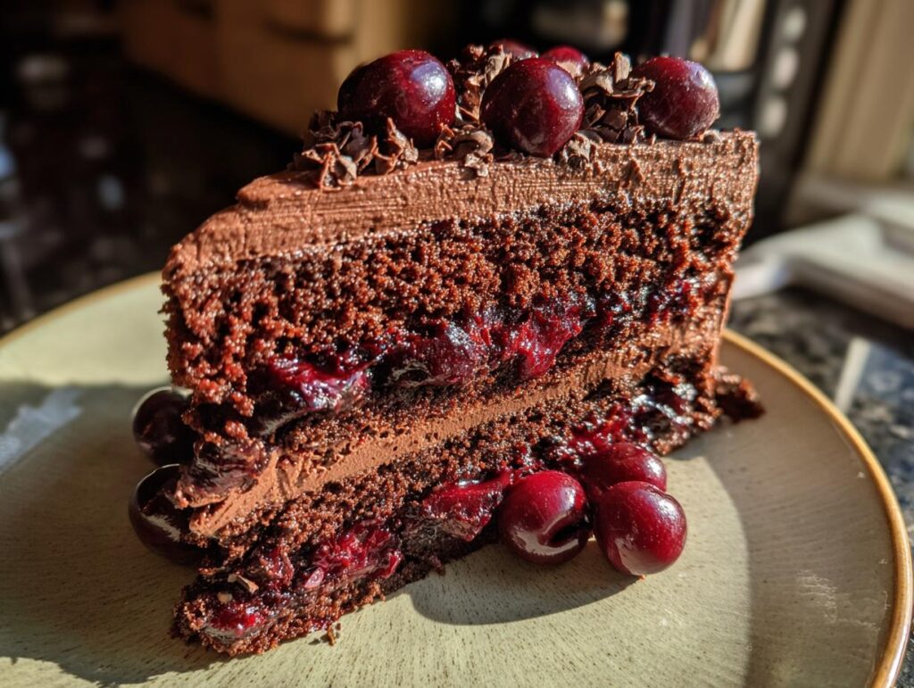A slice of delicious Chocolate Cherry Torte, layered with cherries and chocolate frosting.