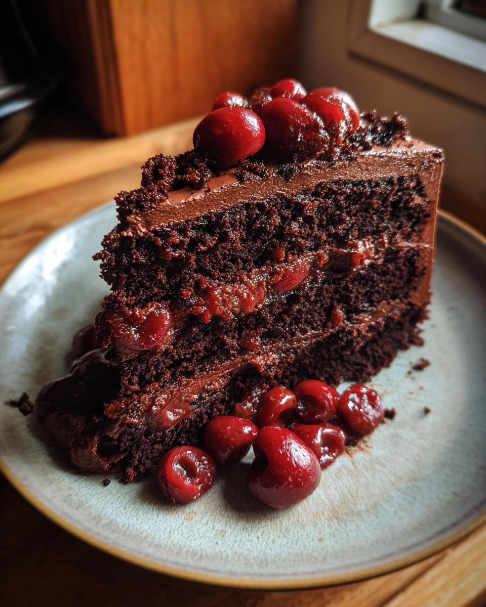A slice of delicious Chocolate Cherry Torte on a plate, garnished with fresh cherries.