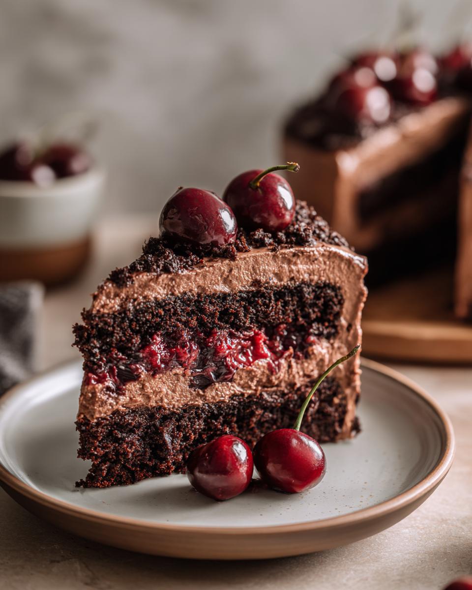 A slice of delicious Chocolate Cherry Torte on a plate, garnished with fresh cherries.