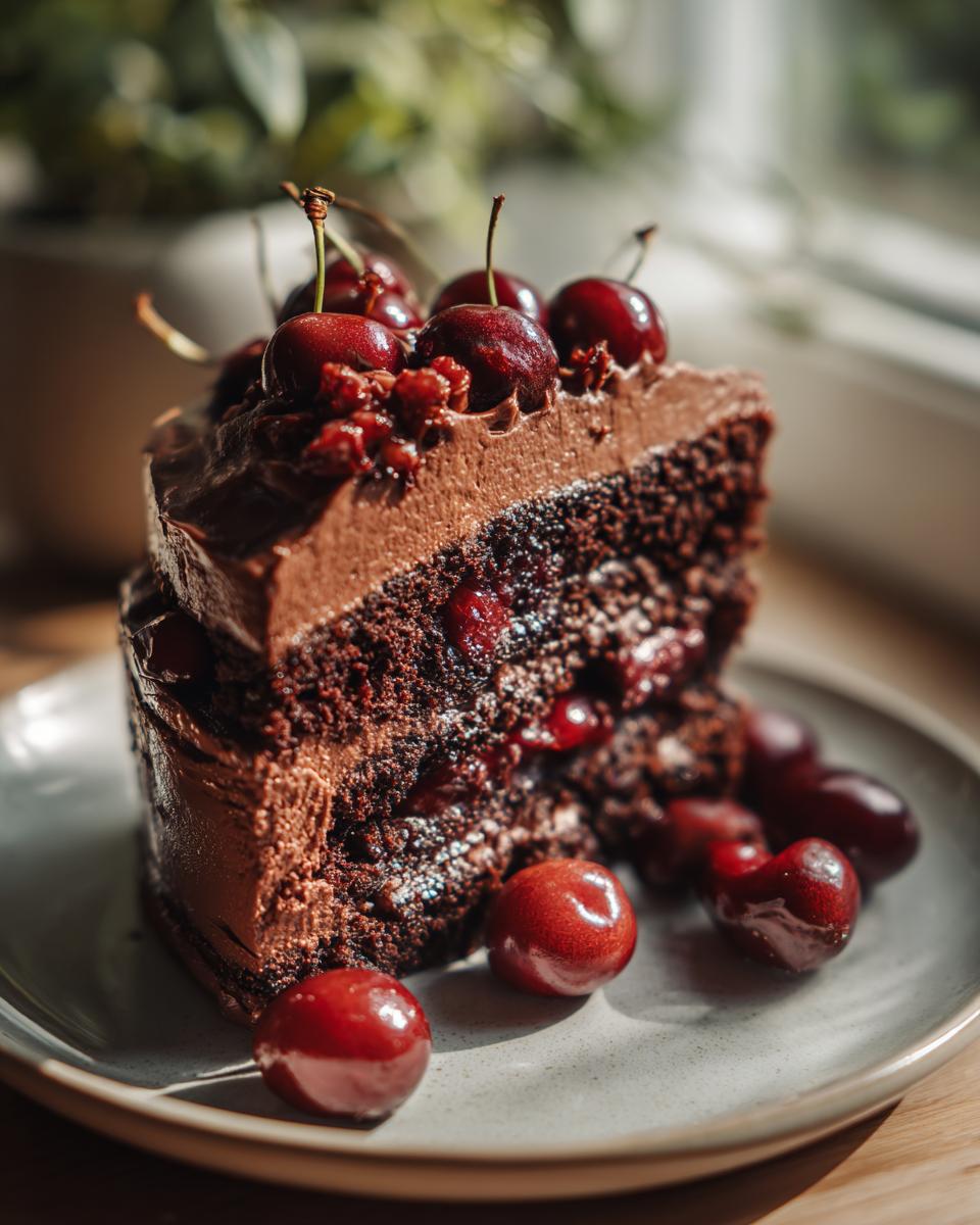 A slice of delicious Chocolate Cherry Torte, topped with fresh cherries, on a plate.