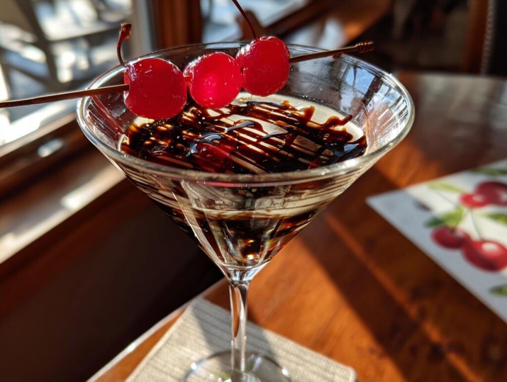 A Chocolate Covered Cherry Martini in a glass, garnished with cherries and chocolate drizzle.