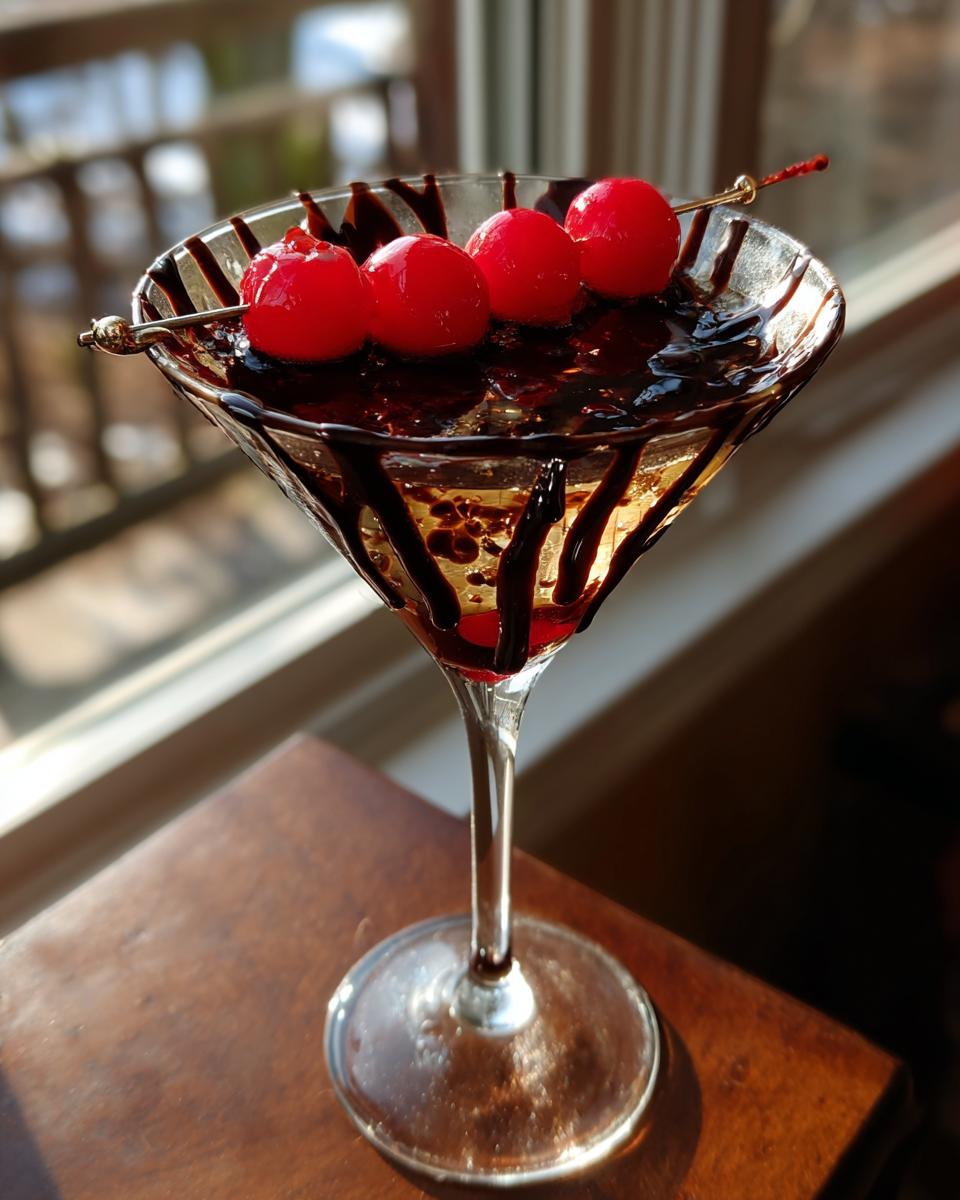 A Chocolate Covered Cherry Martini in a martini glass, garnished with cherries and chocolate drizzle.