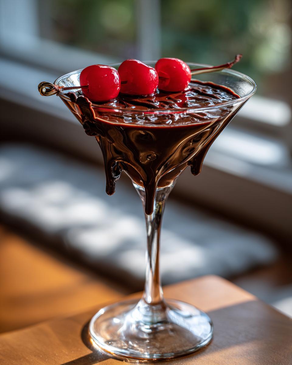 A close-up of a Chocolate Covered Cherry Martini in a martini glass, garnished with cherries.