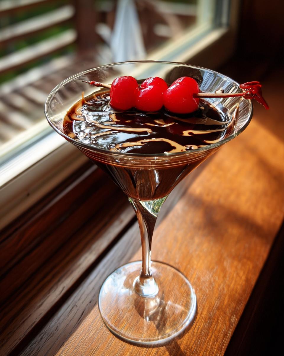 A Chocolate Covered Cherry Martini in a stemmed glass, garnished with cherries.