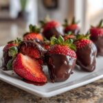 Close-up of fresh Chocolate Covered Strawberries on a white plate, perfect for a treat.