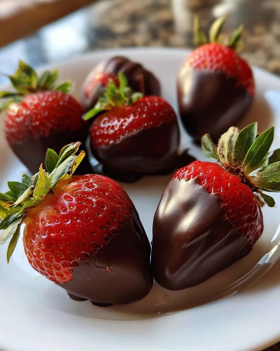 Close-up of several Chocolate Covered Strawberries on a white plate, ready to eat.