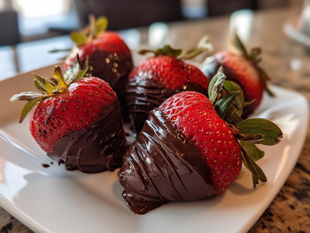 Close-up of fresh Chocolate Covered Strawberries on a white plate, ready to eat.