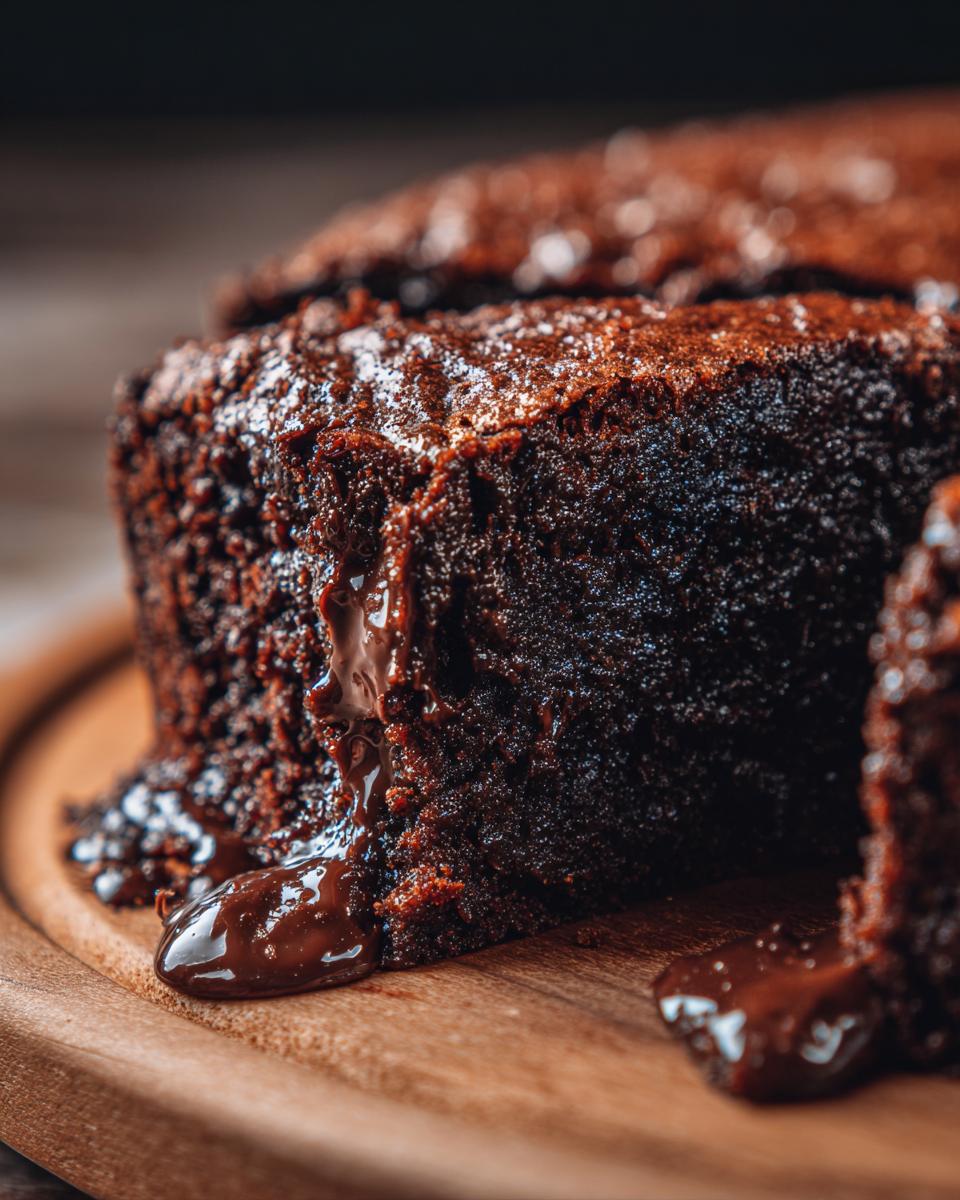 Close-up of a slice of Chocolate Fudge Cake with molten chocolate oozing out, on a wooden board.