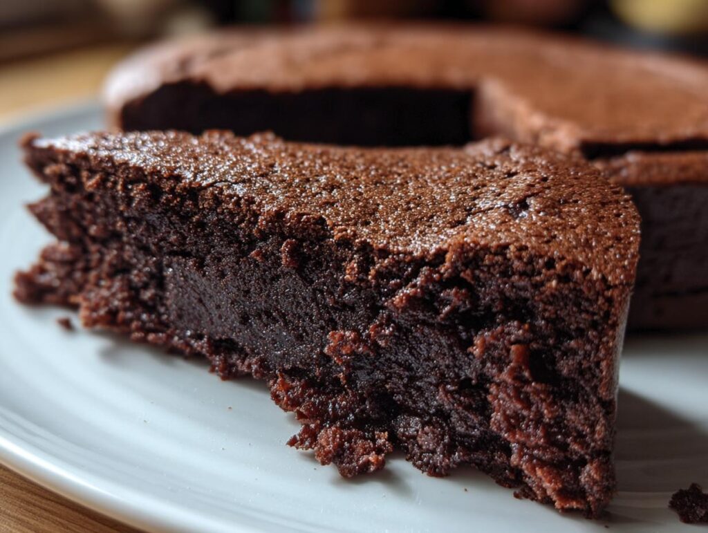 Close-up of a slice of moist Chocolate Fudge Cake on a white plate, showcasing its texture.