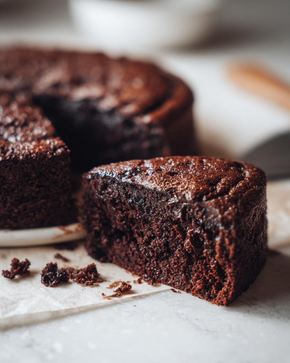 Close-up of a slice of moist Chocolate Fudge Cake, showing the texture and richness.