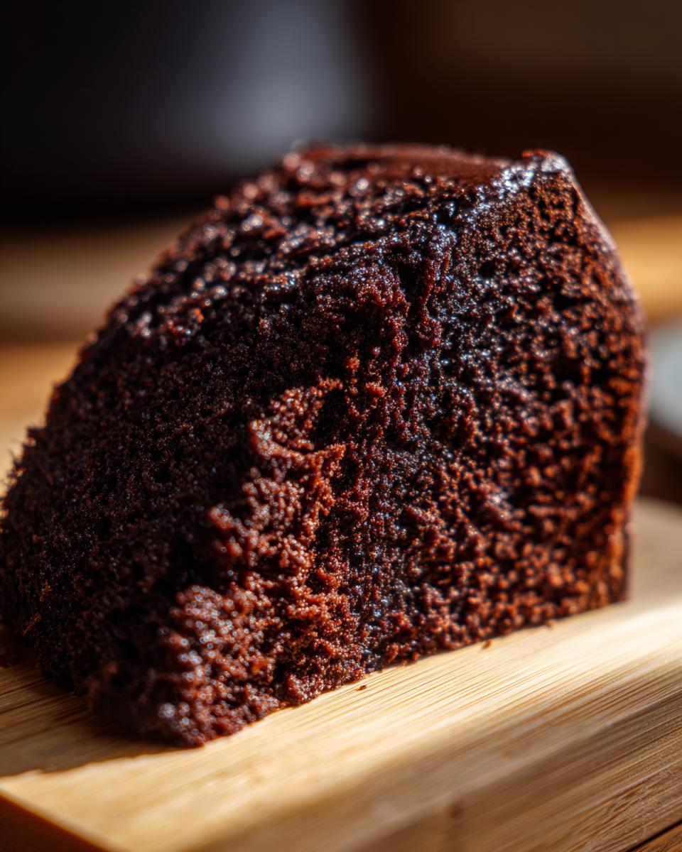 Close-up of a slice of rich, moist Chocolate Fudge Cake, perfect for dessert.