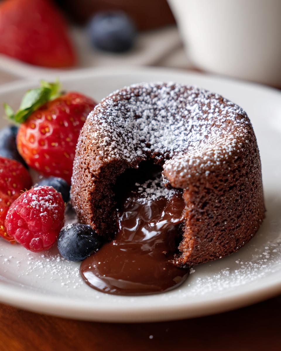Close-up of a Chocolate Lava Cake with a molten center, served with fresh berries.