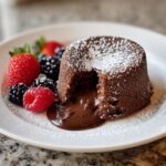A decadent Chocolate Lava Cake with a molten chocolate center, served with fresh berries.