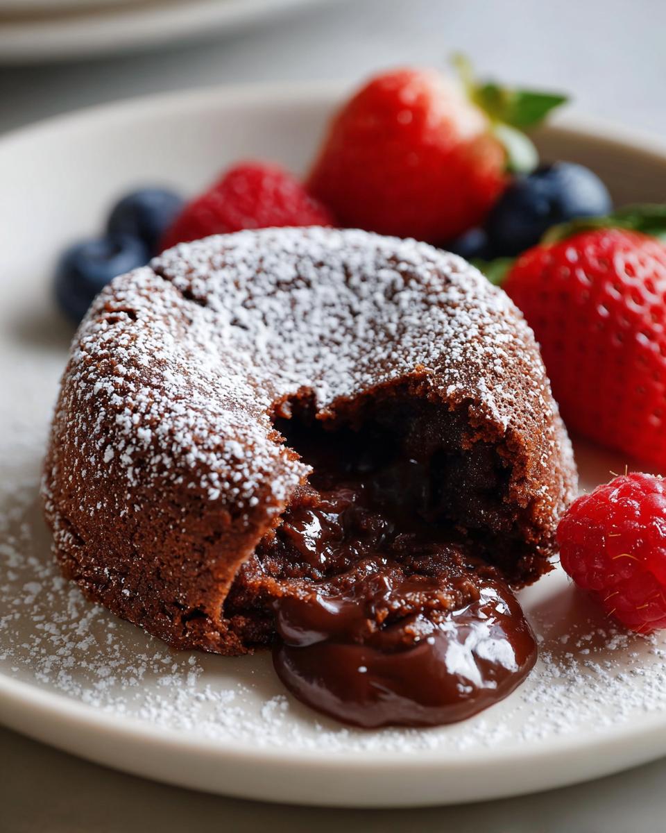 Close-up of a Chocolate Lava Cake with flowing chocolate, dusted with powdered sugar, and served with fresh berries.