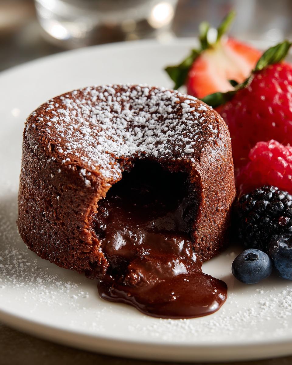 A chocolate lava cake with molten chocolate center, served with fresh berries. This is a delicious Chocolate Lava Cake!