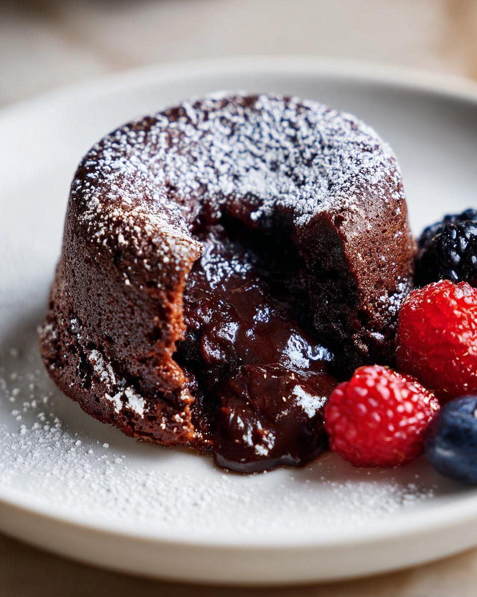 Close-up of a Chocolate Lava Cake with a molten center, dusted with powdered sugar and served with fresh berries.