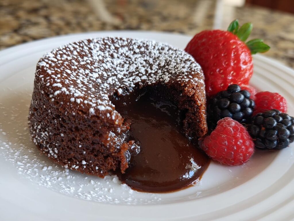 A rich Chocolate Lava Cake with a molten center, served with fresh strawberries, raspberries, and blackberries.