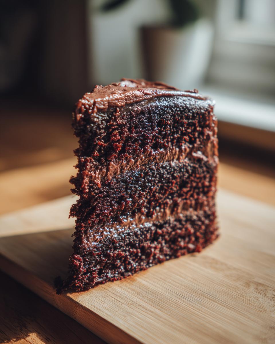 Close-up of a slice of Chocolate Mayonnaise Cake on a wooden board, showing layers and frosting.