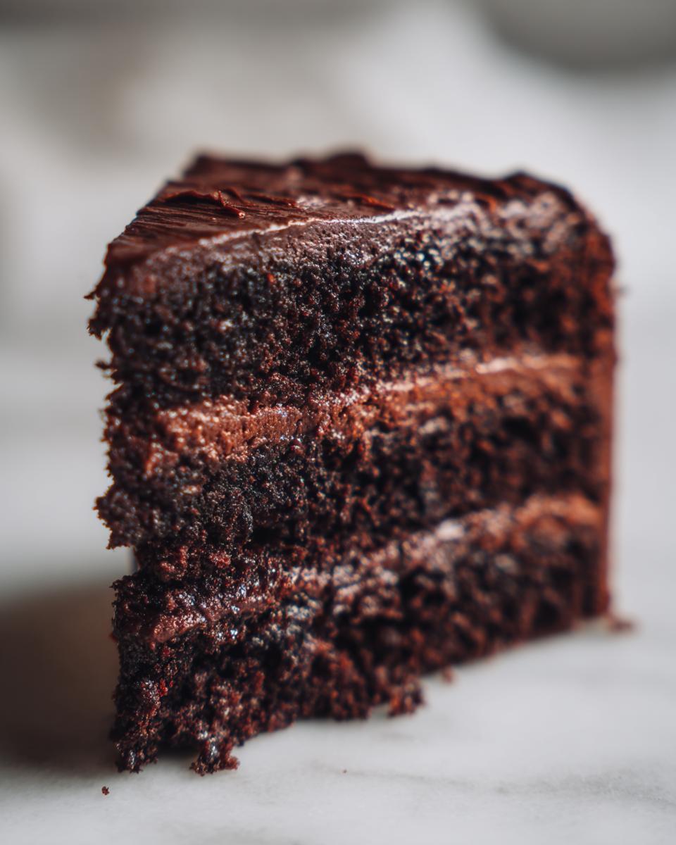 Close-up of a slice of moist Chocolate Mayonnaise Cake, showing layers and frosting.