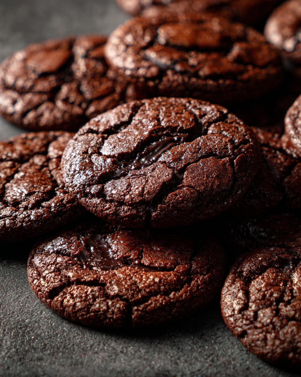 Close-up of a pile of Best Chocolate Sugar Cookies, dark and rich.