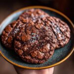 Close-up of a plate with several Best Chocolate Sugar Cookies, drizzled with chocolate and sprinkled with sea salt.