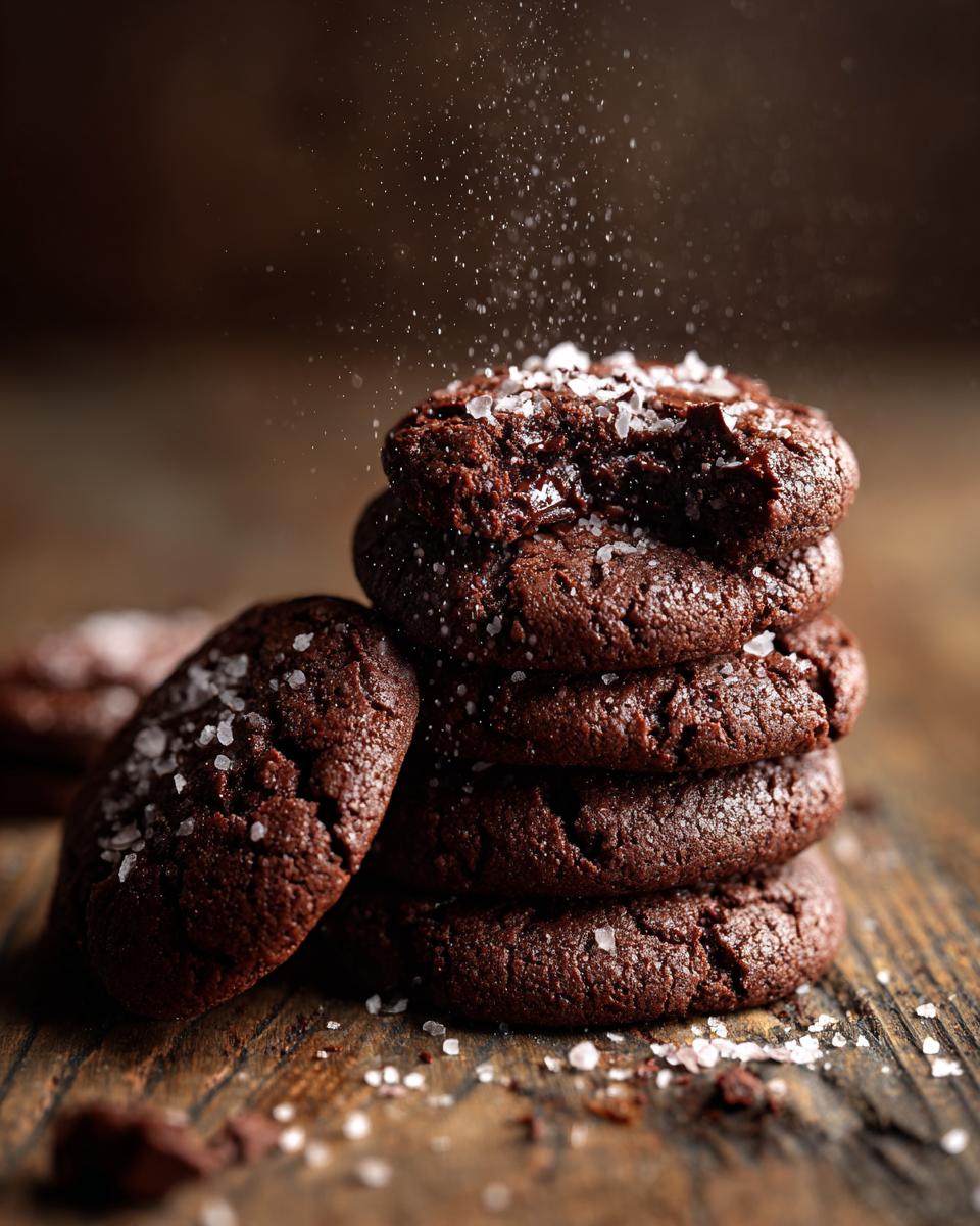 A stack of Best Chocolate Sugar Cookies with sea salt sprinkled on top, on a wooden surface.