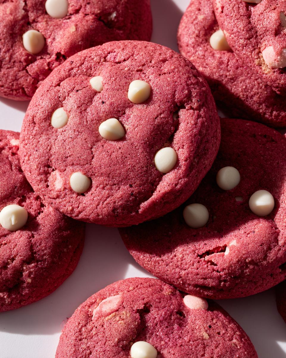 Close-up of freshly baked Christmas Pink Velvet Cookies with white chocolate chips.