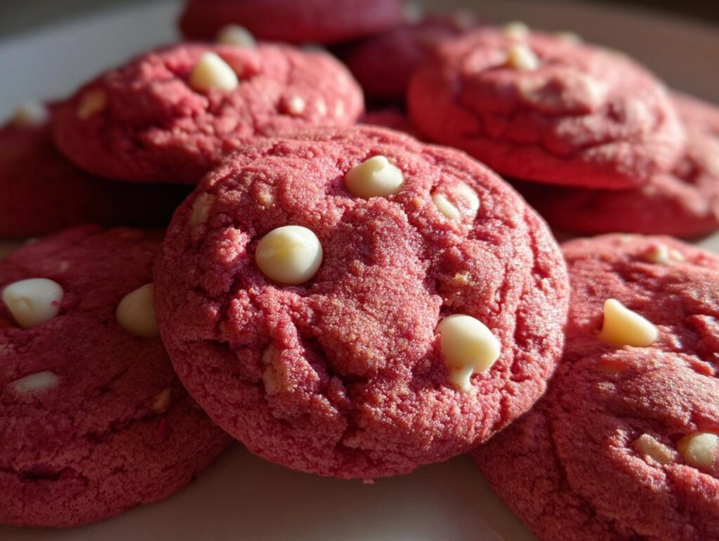 Close-up of Christmas Pink Velvet Cookies with white chocolate chips, perfect for a holiday treat.