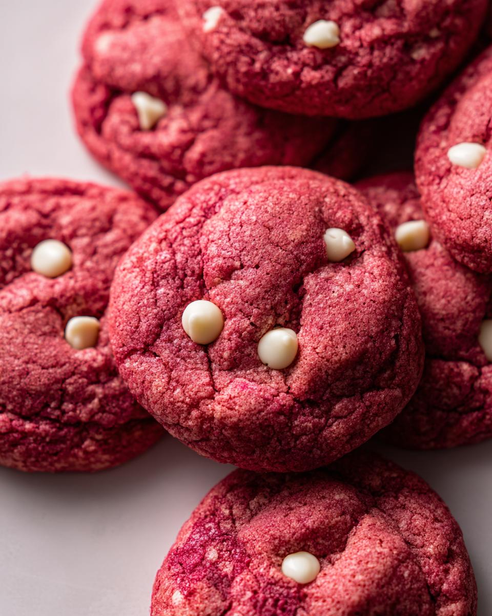 Close-up of freshly baked Christmas Pink Velvet Cookies with white chocolate chips.