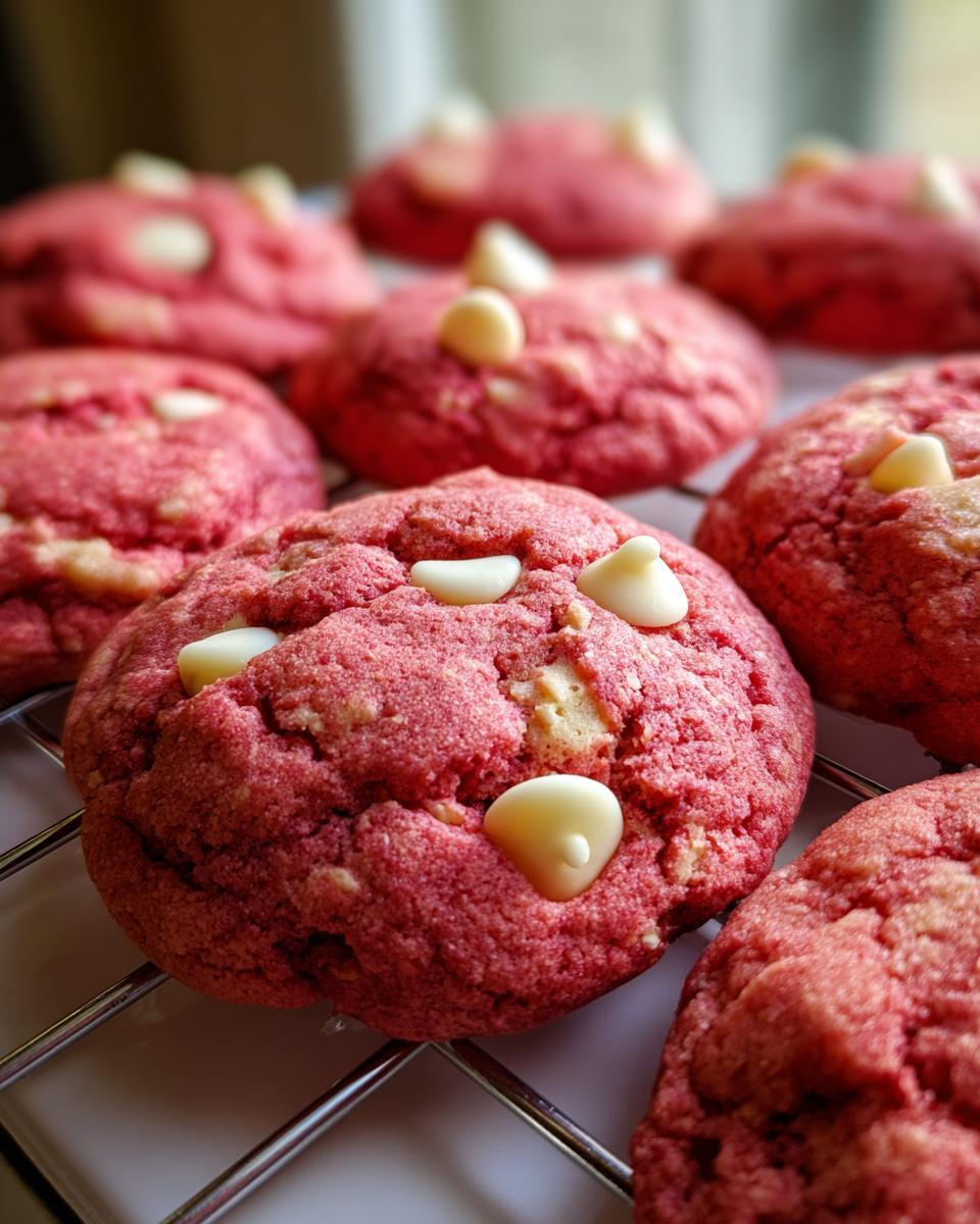 Close-up of freshly baked Christmas Pink Velvet Cookies with white chocolate chips.