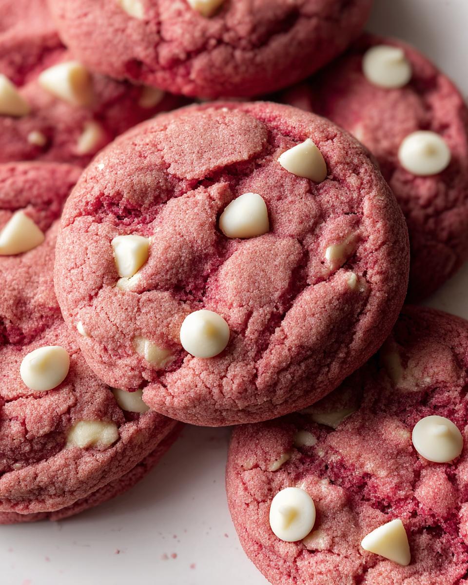 Close-up of delicious Christmas Pink Velvet Cookies with white chocolate chips.