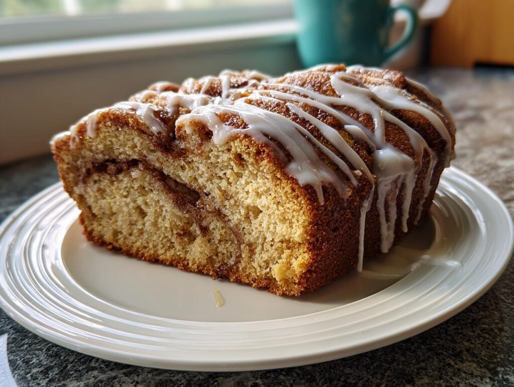 A slice of Cinnamon Roll Coffee Cake on a white plate, drizzled with icing.