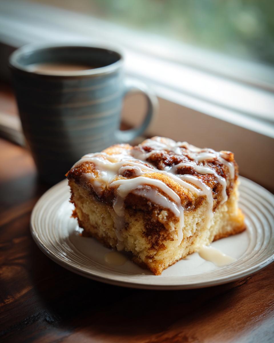 A slice of delicious Cinnamon Roll Coffee Cake on a plate, with a cup of coffee in the background.