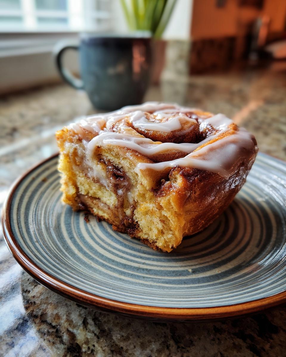 A slice of Cinnamon Roll Coffee Cake on a plate, topped with icing.
