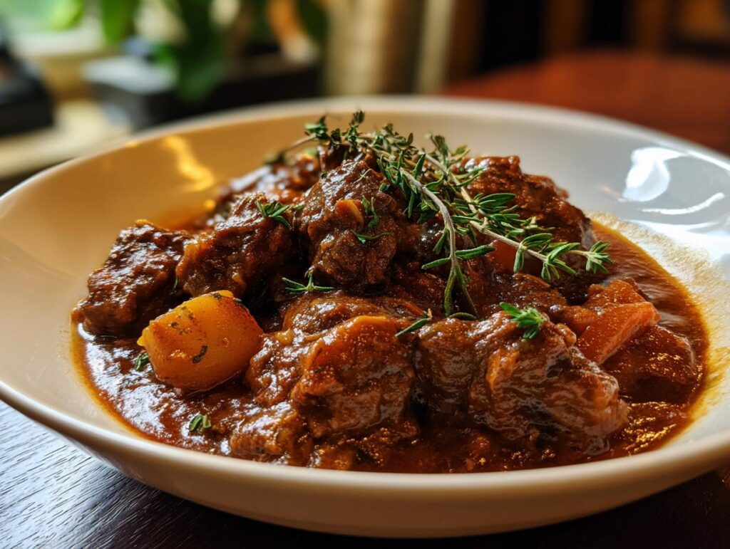 Close-up of a bowl of Classic Beef Stew, garnished with fresh herbs.