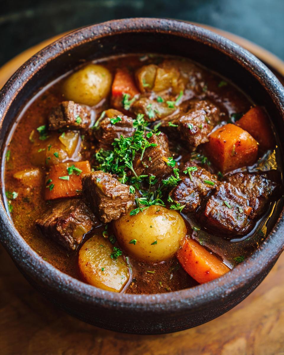 Close-up of a bowl of Classic Beef Stew with potatoes, carrots, and herbs.