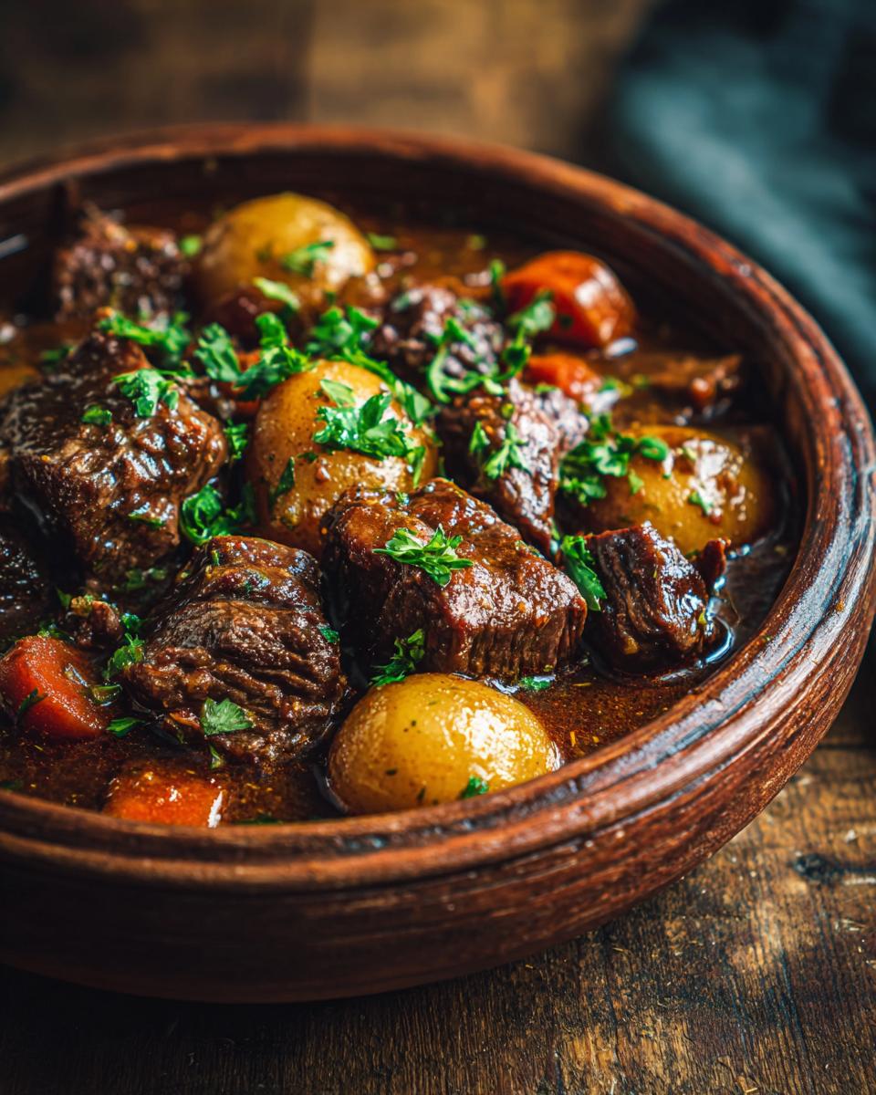 Close-up of a bowl of Classic Beef Stew with potatoes, carrots, and herbs.