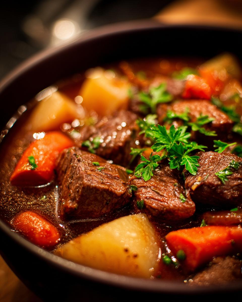 Close-up of a bowl of Classic Beef Stew with beef, carrots, potatoes, and herbs.