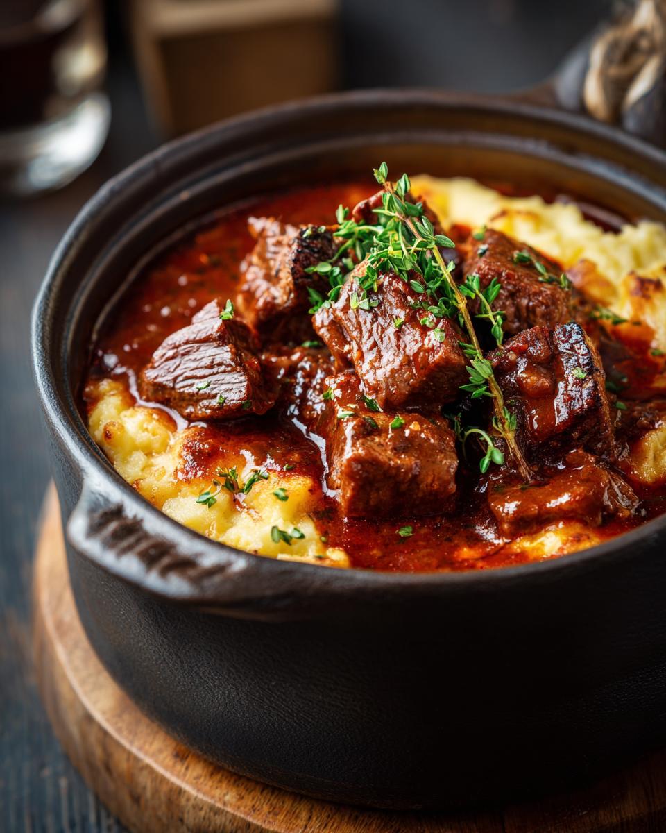 Close-up of a bowl of Classic Beef Stew with tender beef chunks and mashed potatoes.
