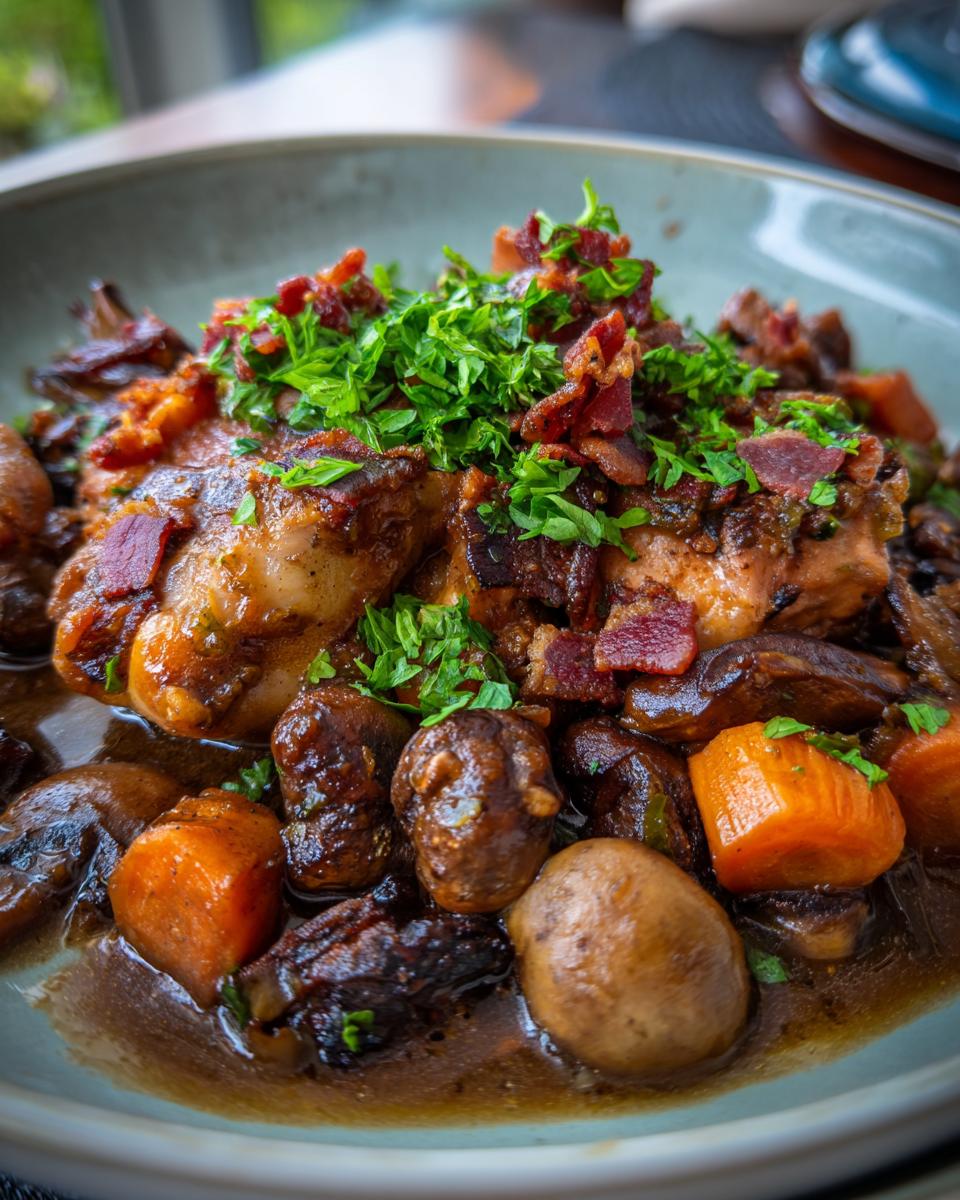 Close-up of a bowl of Classic Coq au Vin with chicken, vegetables, and bacon.