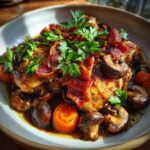 Close-up of a plate of Classic Coq au Vin with chicken, bacon, mushrooms, and carrots, garnished with parsley.
