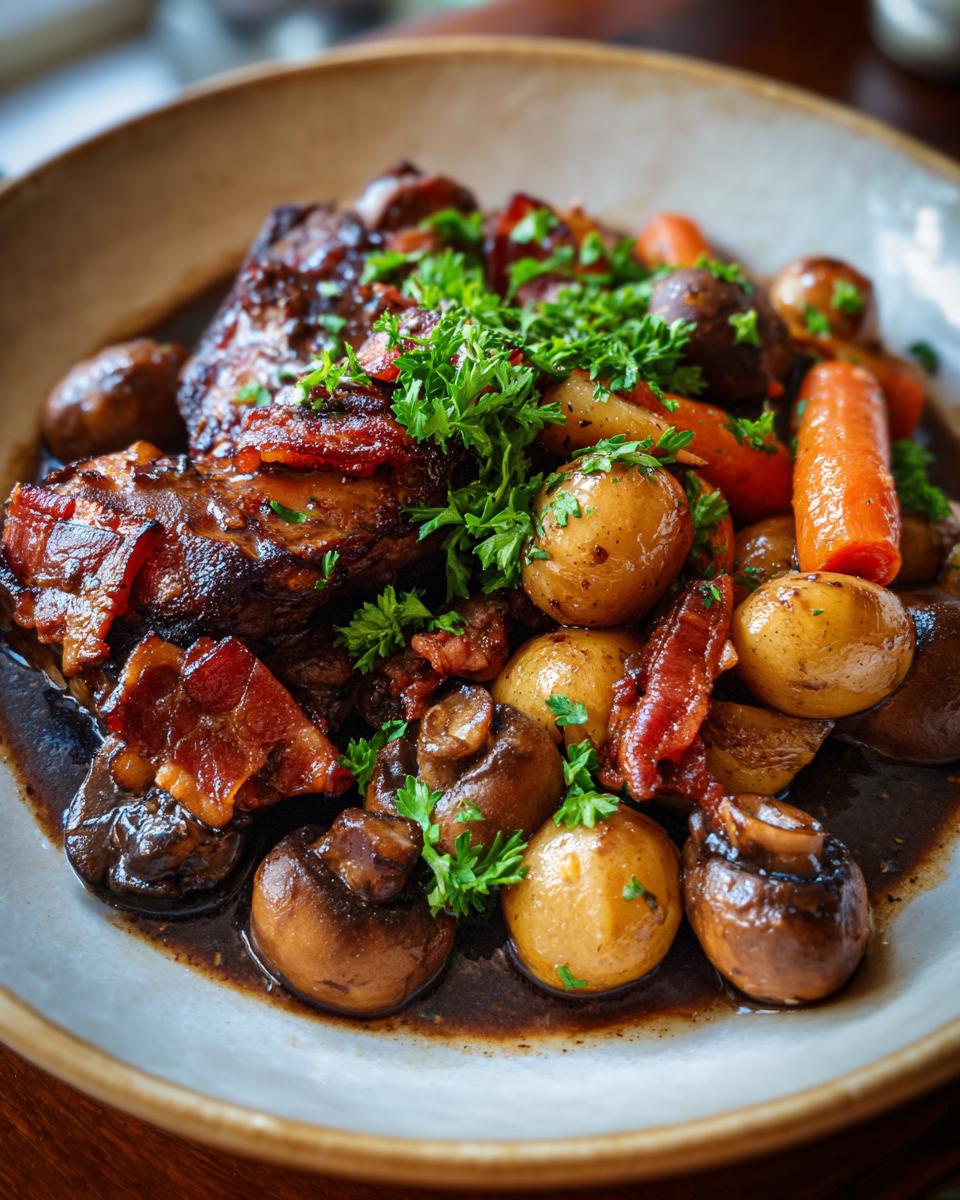 Close-up of a plate of Classic Coq au Vin with chicken, vegetables, and bacon.