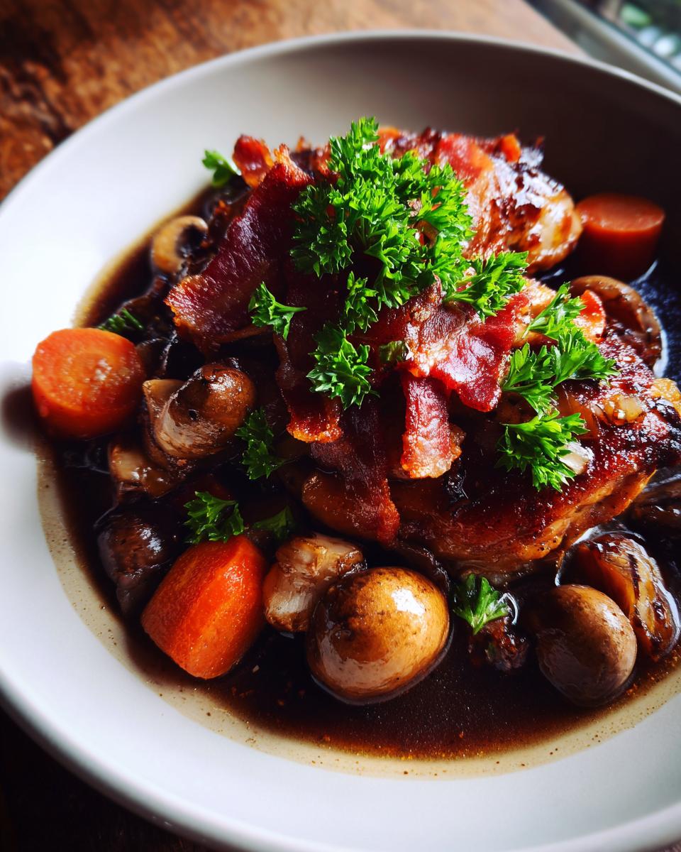 A plated serving of Classic Coq au Vin with chicken, bacon, mushrooms, and carrots, garnished with parsley.