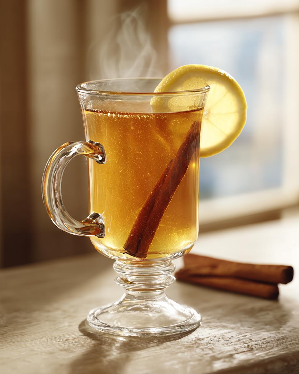 A steaming glass of a Classic Hot Toddy with a cinnamon stick and lemon slice.