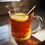 A steaming glass of a Classic Hot Toddy with a lemon slice and cinnamon stick.