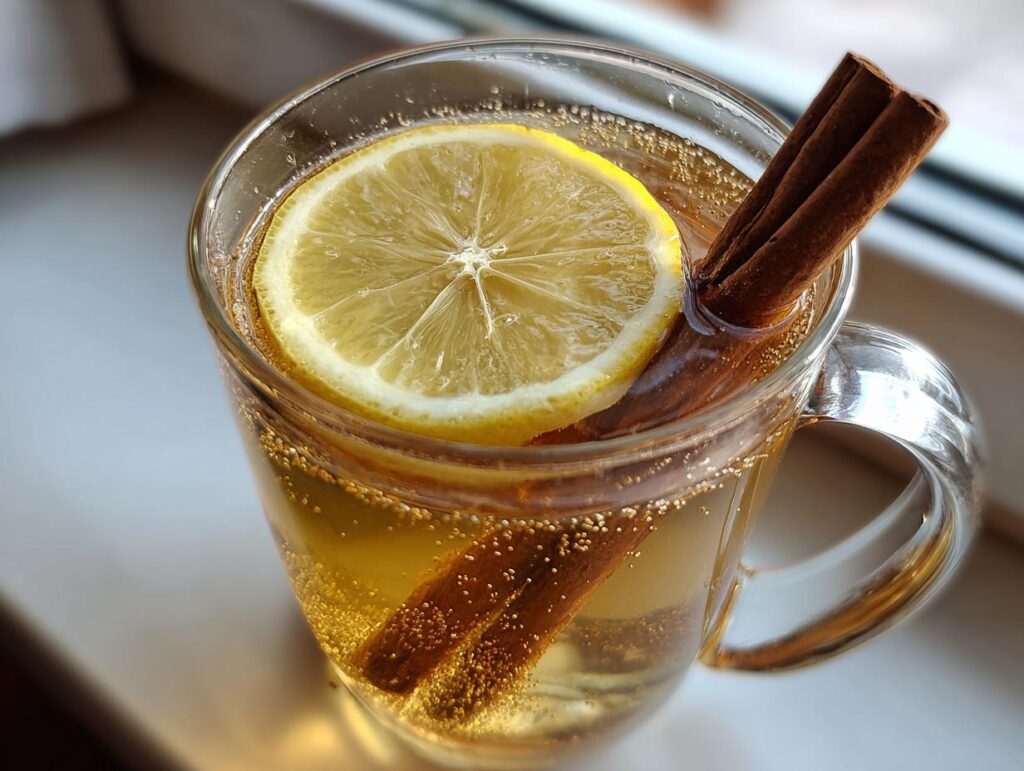 Close-up of a Classic Hot Toddy with lemon slice and cinnamon sticks, perfect for cold nights.