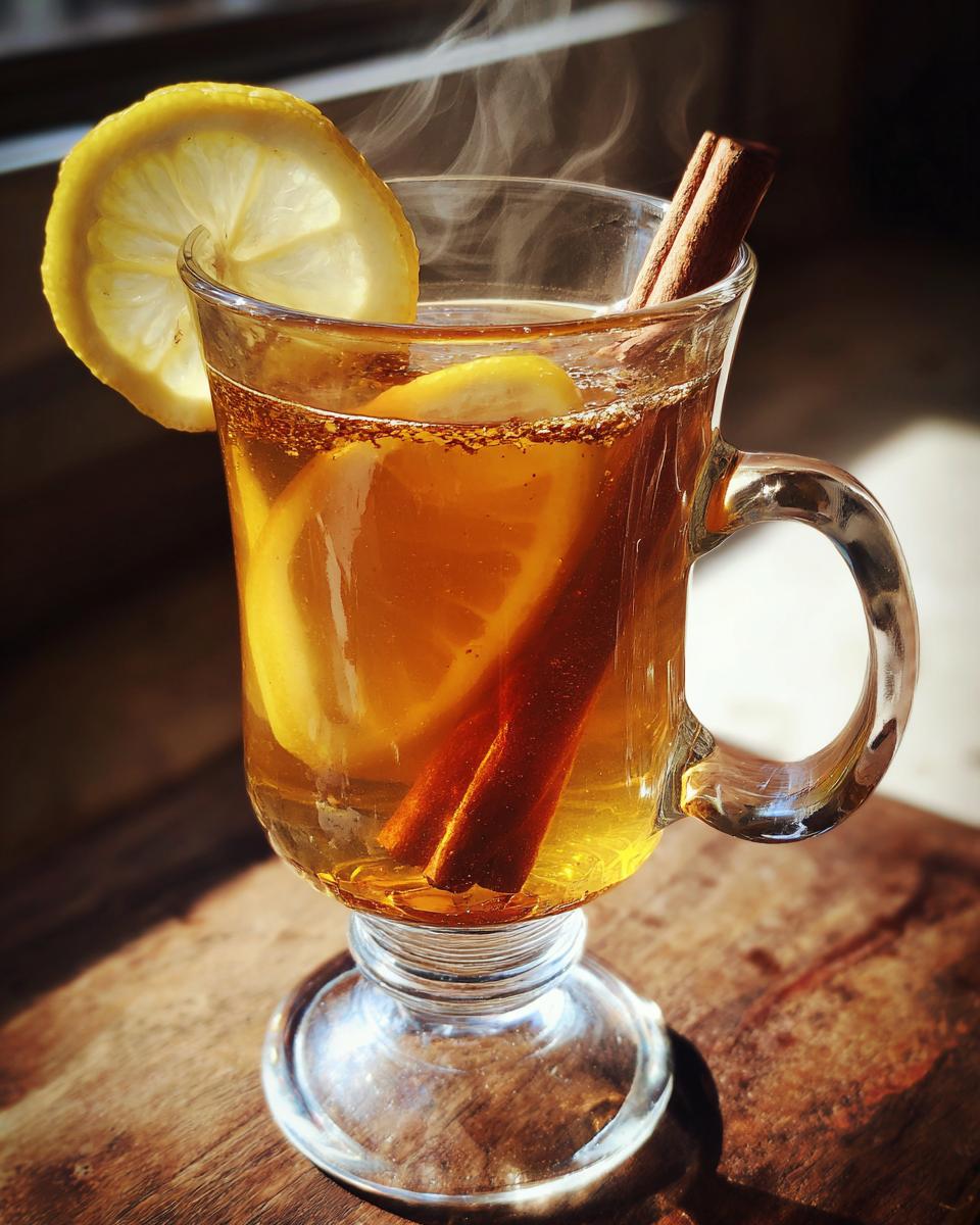 A steaming glass of a Classic Hot Toddy with lemon slices and cinnamon sticks, perfect for cold nights.