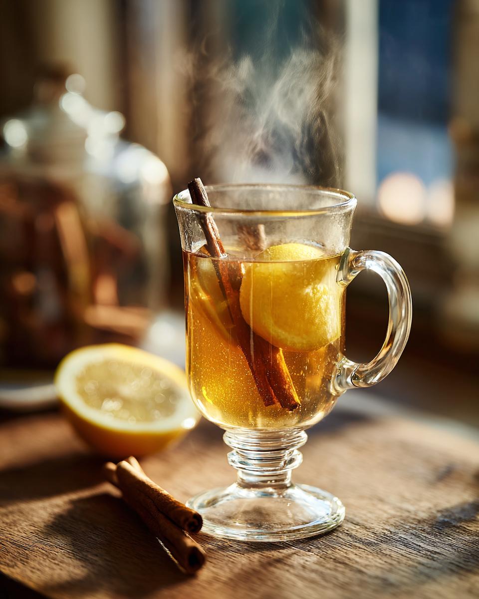 A steaming glass of Classic Hot Toddy with lemon slices and cinnamon sticks, perfect for cold nights.