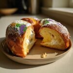 Close-up of a sliced Classic King Cake with cream cheese filling and colorful sprinkles.